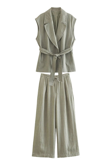 Grey Green 2 Piece Notched Lpael Sleeveless Women Prom Suits